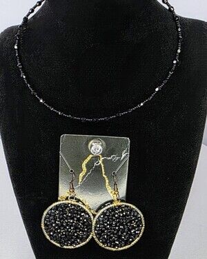 Black Crystal Necklace & Druzy Style Hoop Earrings Set Boho Glam Jewelry